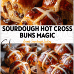 Golden sourdough hot cross buns topped with icing crosses and filled with dried fruit mix on a wooden board